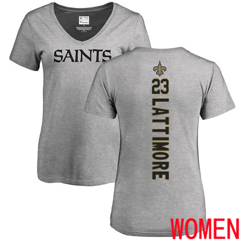 New Orleans Saints Ash Women Marshon Lattimore Backer V Neck NFL Football #23 T Shirt